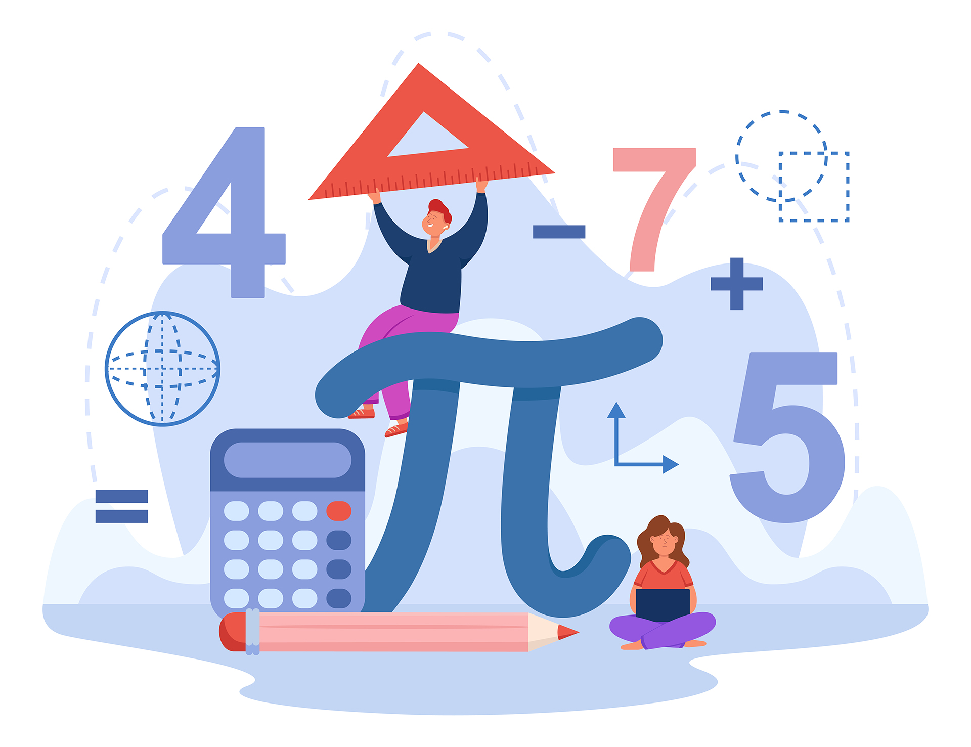 Tiny students with huge sign pi flat vector illustration